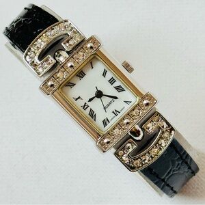 Vintage Avon Art Deco Women's Watch Crystals Silver Black Leather F17312-1/T